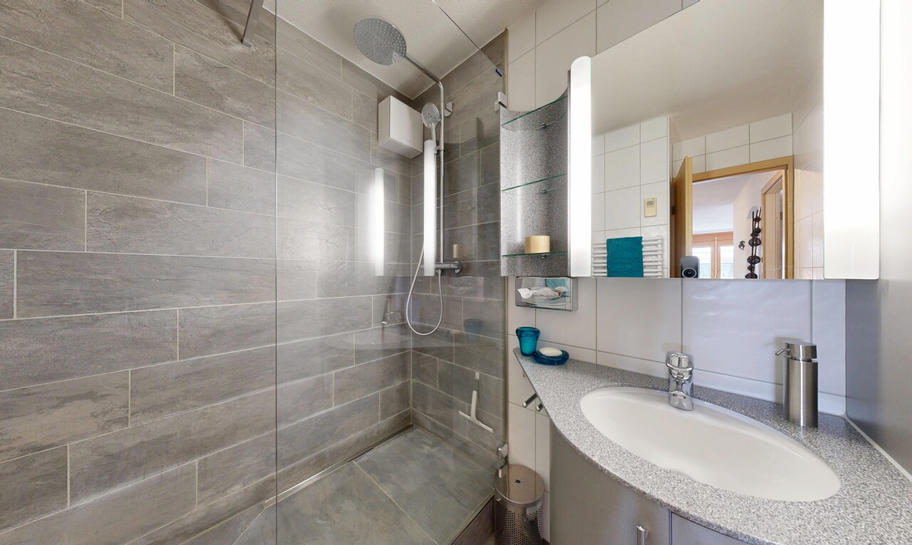 bad mit spiegel, schminktisch, waschbecken, inside property, und dusche