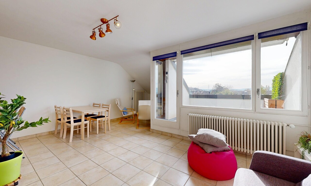 salon / salle à manger avec radiateur, inside property, natural light, lumière naturelle, et tile floor