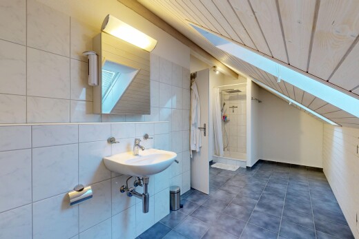 bad mit spiegel, dusche, komplettes badezimmer, tile floor, und tile wall