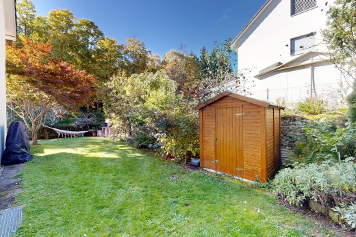 garten mit rasen, schuppen, außenansicht, und day time