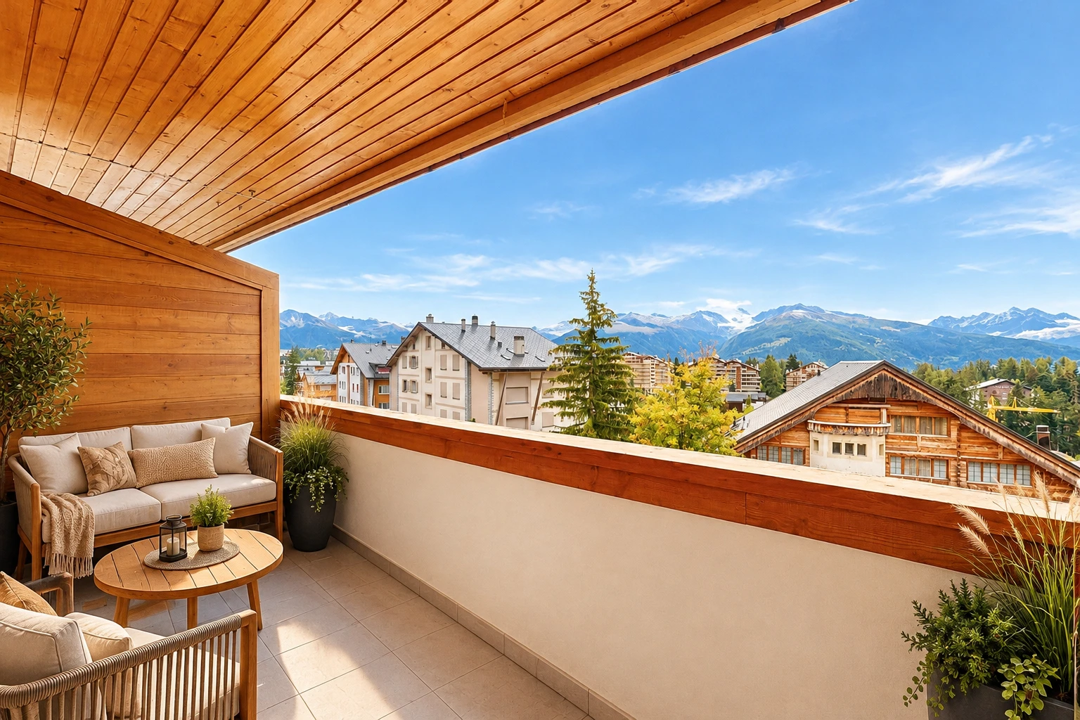 terrasse avec espace de vie extérieur, mountain view, vue sur la montagne, balcon, et view focus