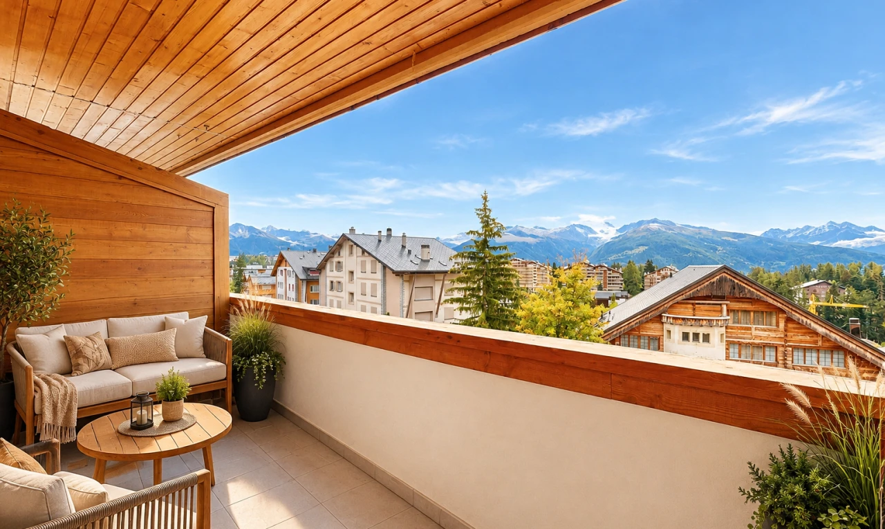 terrasse avec espace de vie extérieur, mountain view, vue sur la montagne, balcon, et view focus