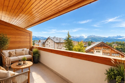 terrasse avec espace de vie extérieur, mountain view, vue sur la montagne, balcon, et view focus