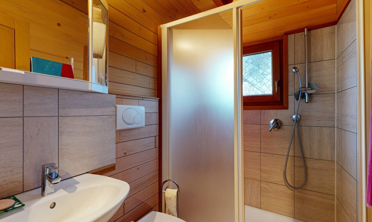 bad mit holzwand, wood wall, dusche, komplettes badezimmer, und wood ceiling