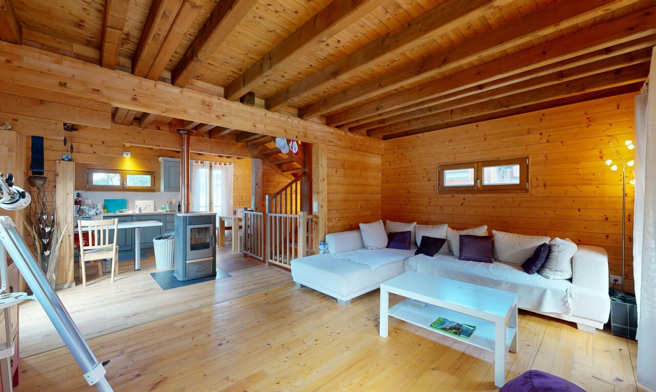 wohn- / esszimmer mit holzofen, holzwand, wood wall, natürliches licht, und natural light