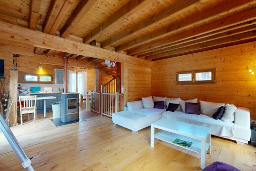 wohn- / esszimmer mit holzofen, holzwand, wood wall, natürliches licht, und natural light