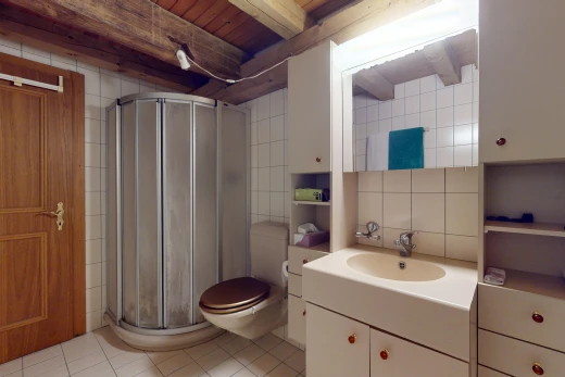 salle de bains avec crédence, carrelage, douche, meuble-lavabo, et vasque