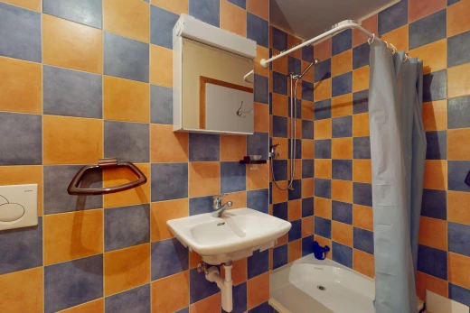 salle de bains avec douche, miroir, mur carrelé, et vasque
