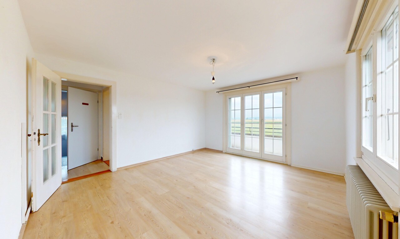pièce vide avec radiateur, lumière naturelle, natural light, portes-fenêtres, et sol en finition bois