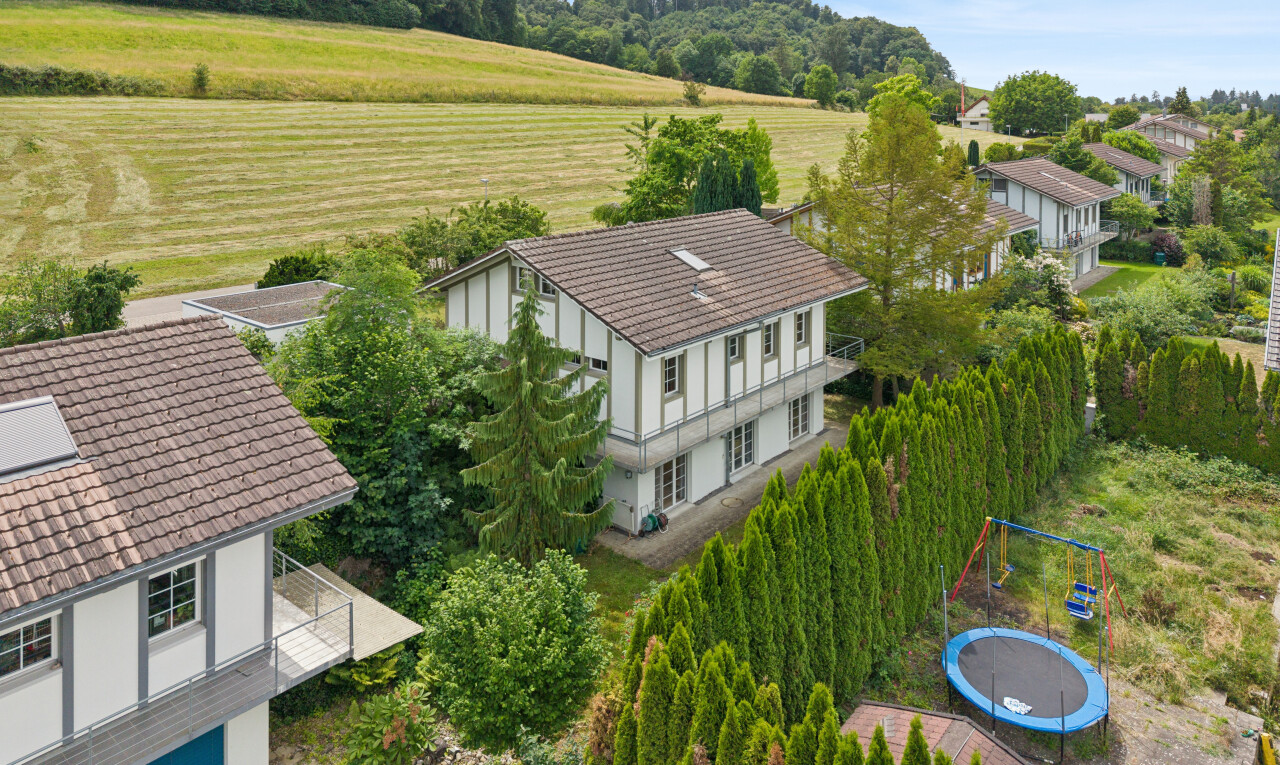 façade avec trampoline, drone view, rural view, vue rurale, et balcon