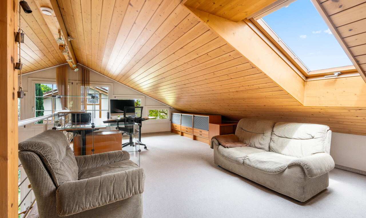salon avec pièce supplémentaire, plafond voûté, vaulted ceiling, moquette, et carpet