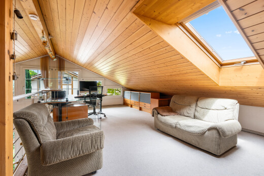 wohnzimmer mit zusätzliches zimmer, dachschräge, vaulted ceiling, teppich, und carpet