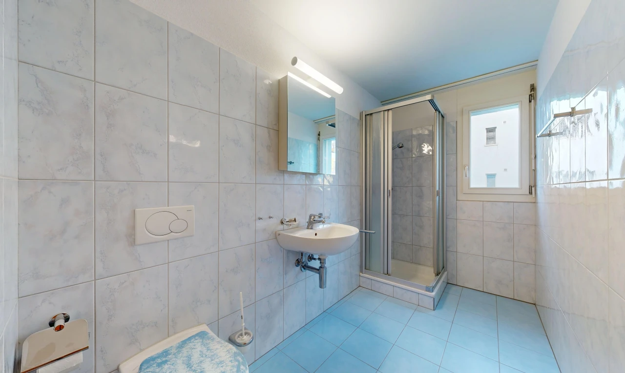 bad mit tile wall, fliesenwand, dusche, komplettes badezimmer, und spiegel