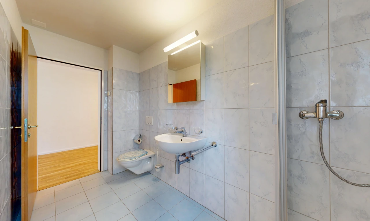 bad mit komplettes badezimmer, spiegel, fliesenwand, tile wall, und dusche