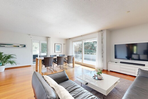 wohn- / esszimmer mit fernseher, wood finish floor, holzfußboden, inside property, und natural light