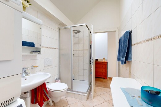 salle de bains avec mur en carrelage, tile wall, salle de bain complète, douche, et miroir