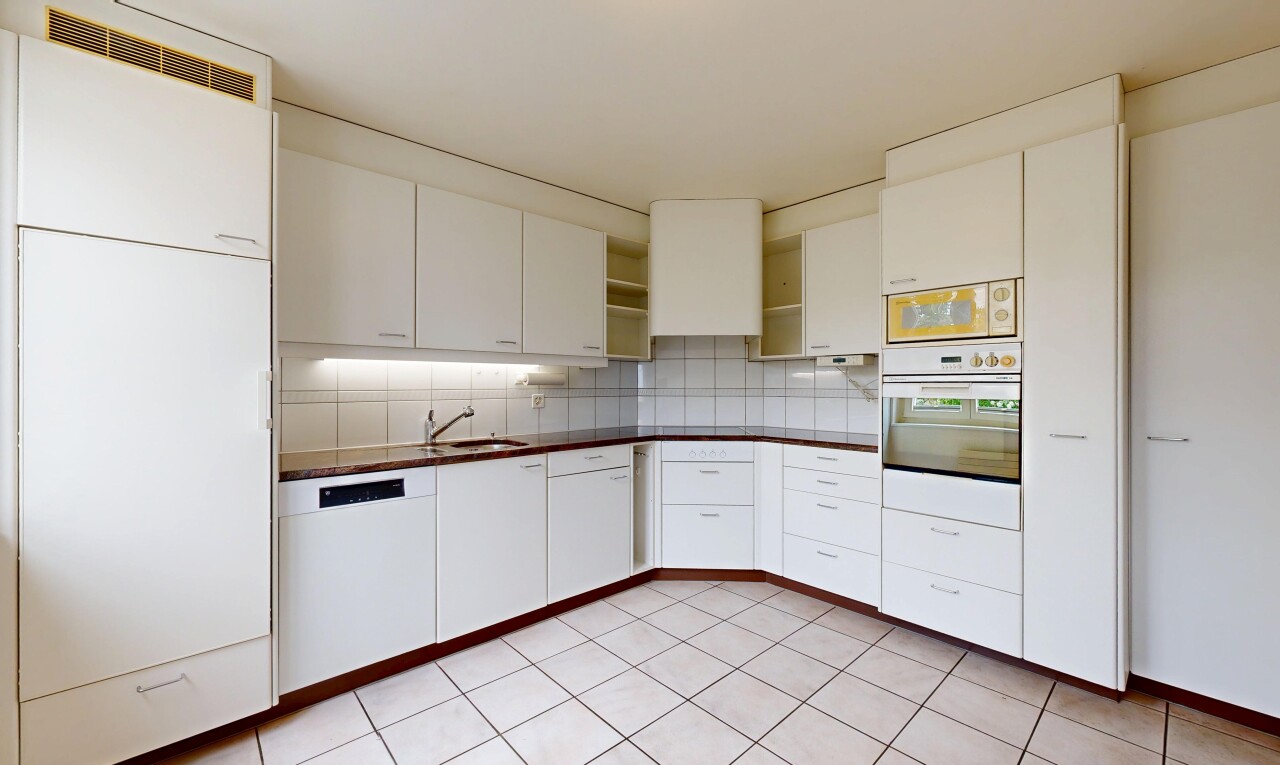 kitchen with white appliances, open shelves, white cabinetry, and decorative backsplash