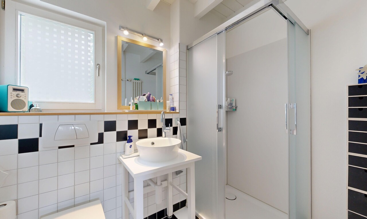 bad mit dusche, komplettes badezimmer, spiegel, waschbecken, und inside property