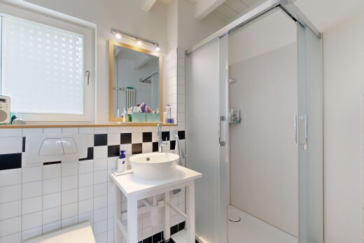 bad mit dusche, komplettes badezimmer, spiegel, waschbecken, und inside property
