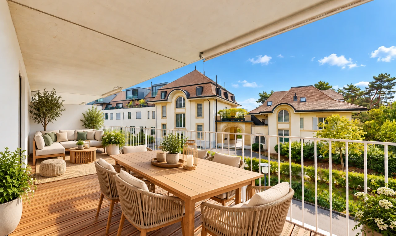 terrasse avec balcon, apartment complex view, from property, view focus, et day time