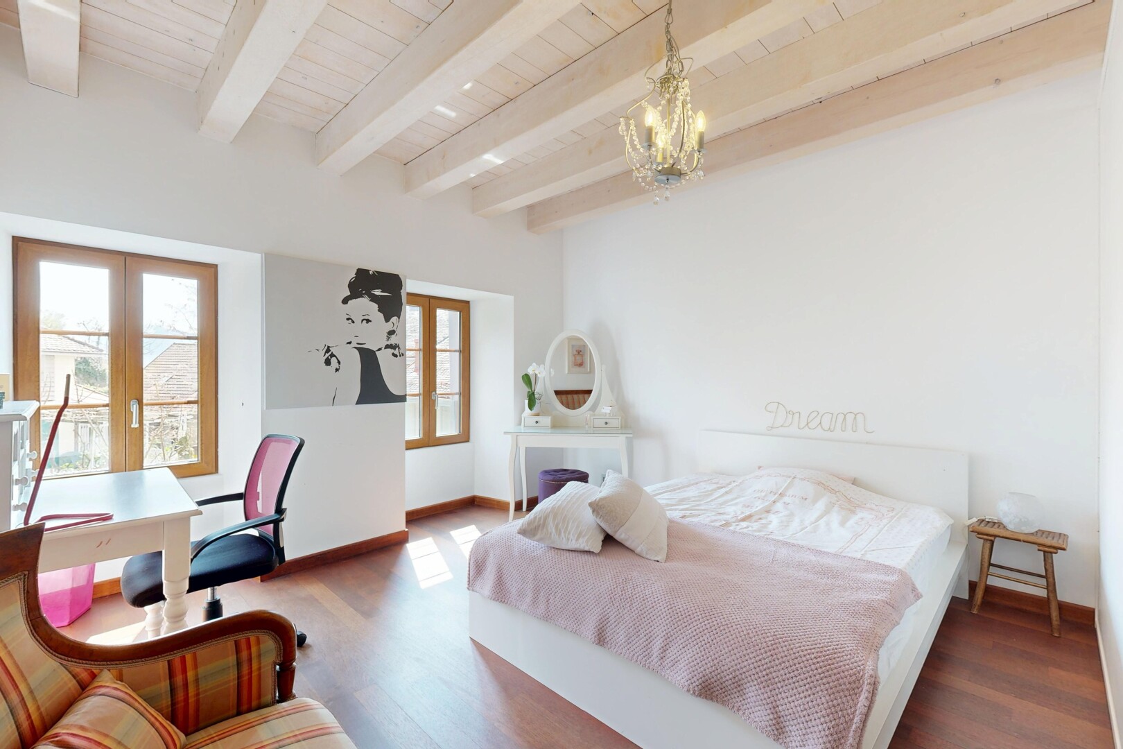 room / bedroom with a chandelier, wood finished floors, beam ceiling, french doors, and wood ceiling