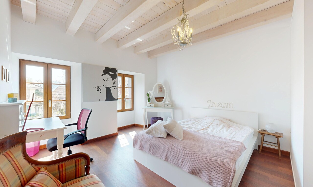 room / bedroom with a chandelier, wood finished floors, beam ceiling, french doors, and wood ceiling