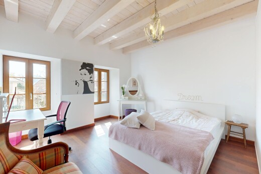 room / bedroom with a chandelier, wood finished floors, beam ceiling, french doors, and wood ceiling