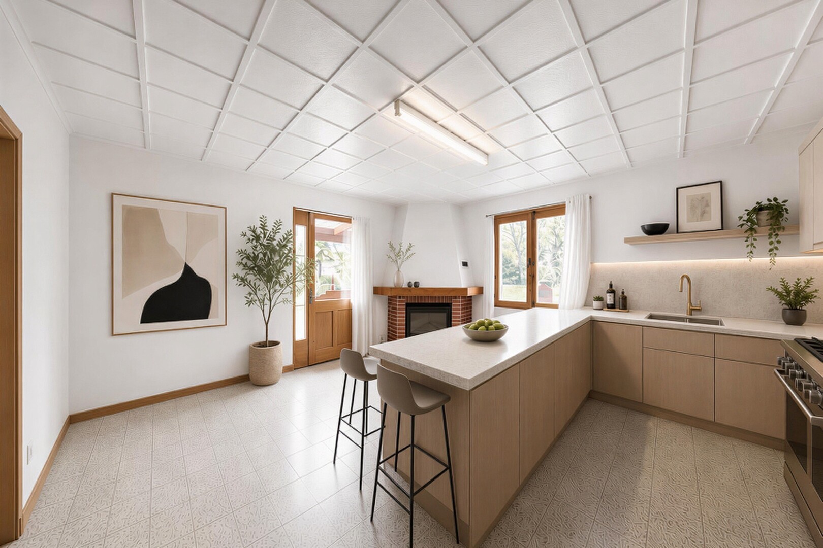 küche mit kamin, arbeitsplatten, light countertops, herd, und küchentheke
