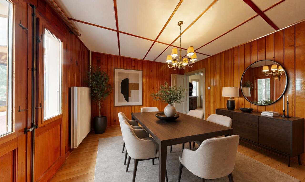 esszimmer mit dated wood wall, holzwand, wood wall, und inside property