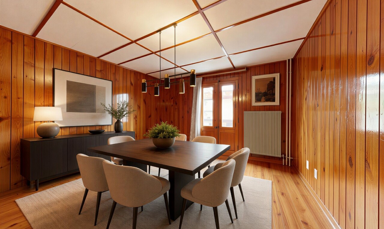 wohn- / esszimmer mit wood wall, holzwand, dated wood wall, und inside property