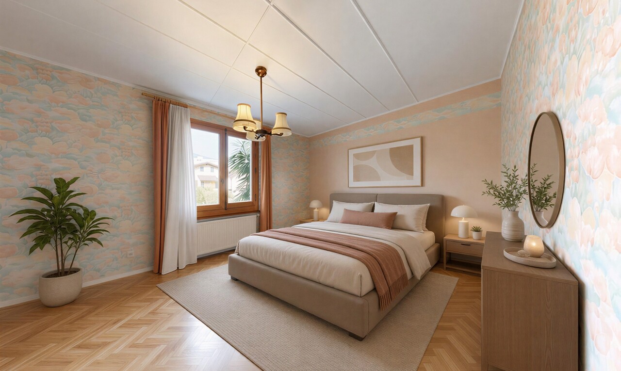 zimmer / schlafzimmer mit wallpaper wall, tapetenwand, manufactured ceiling panel, problematic wallpaper, und holzfußboden