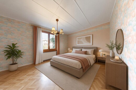 zimmer / schlafzimmer mit wallpaper wall, tapetenwand, manufactured ceiling panel, problematic wallpaper, und holzfußboden