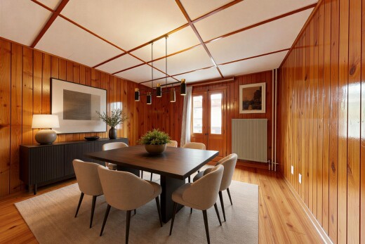 wohn- / esszimmer mit wood wall, holzwand, dated wood wall, und inside property