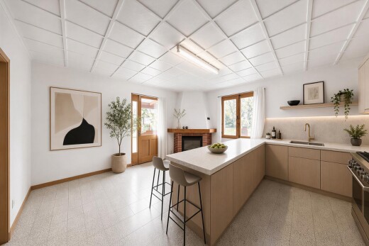 küche mit kamin, arbeitsplatten, light countertops, herd, und küchentheke