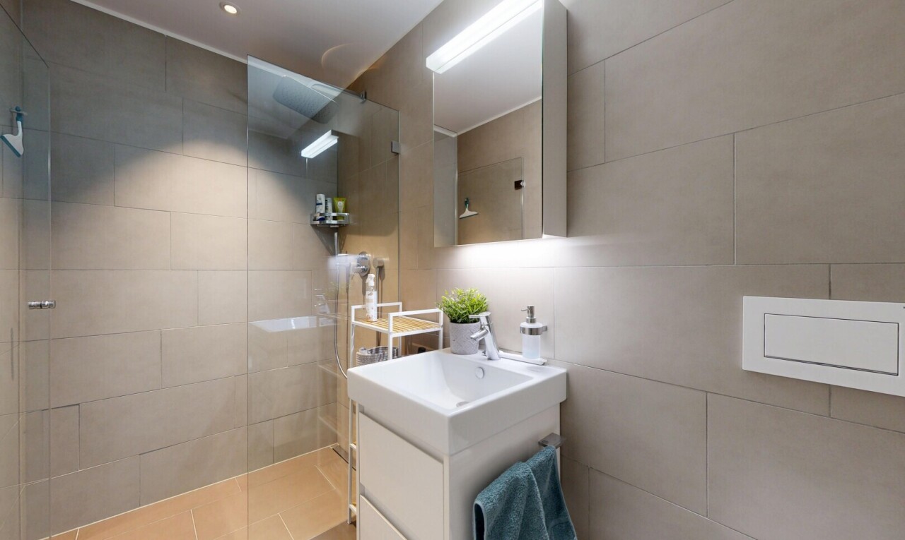 bad mit schminktisch, spiegel, komplettes badezimmer, dusche, und inside property