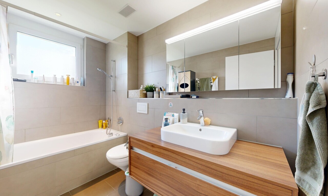 bad mit toilette, schminktisch, fliesenwand, tile wall, und inside property