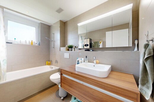 bad mit toilette, schminktisch, fliesenwand, tile wall, und inside property