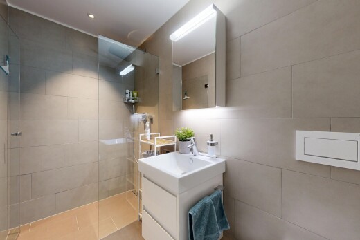 salle de bains avec lavabo (ou coiffeuse selon le contexte), miroir, salle de bain complète, douche, et inside property