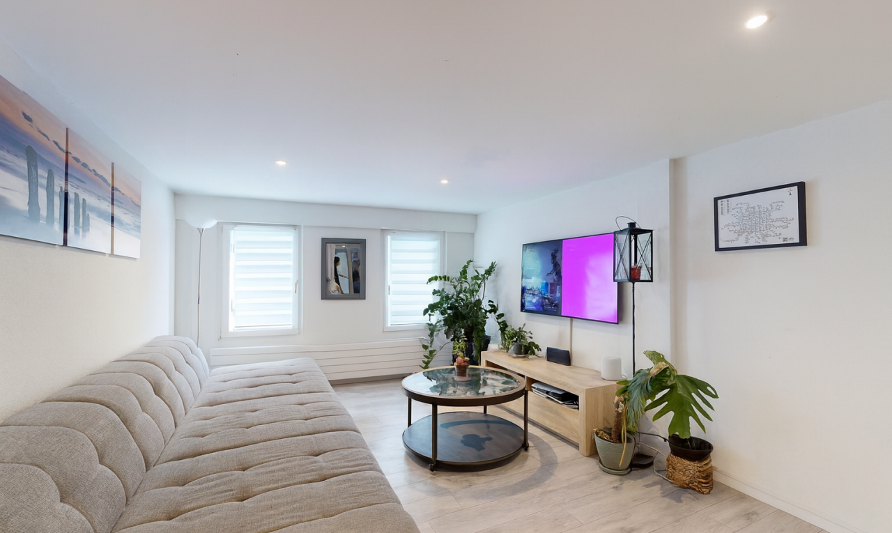 salon avec lumière naturelle, natural light, cloison sèche, drywall, et télévision