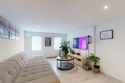 wohnzimmer mit natürliches licht, natural light, gipskartonwand, drywall, und fernseher