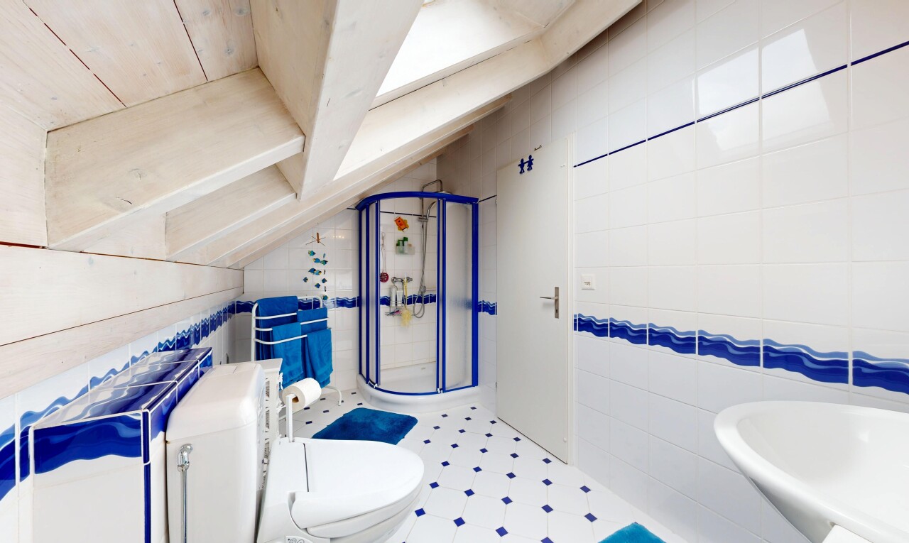bad mit dusche, fliesenwand, tile wall, komplettes badezimmer, und toilette