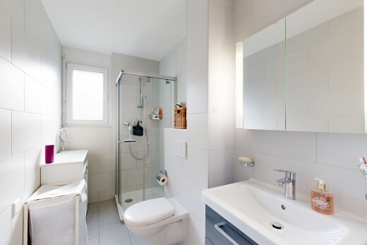 salle de bains avec mur en carrelage, tile wall, lavabo (ou coiffeuse selon le contexte), lumière naturelle, et natural light