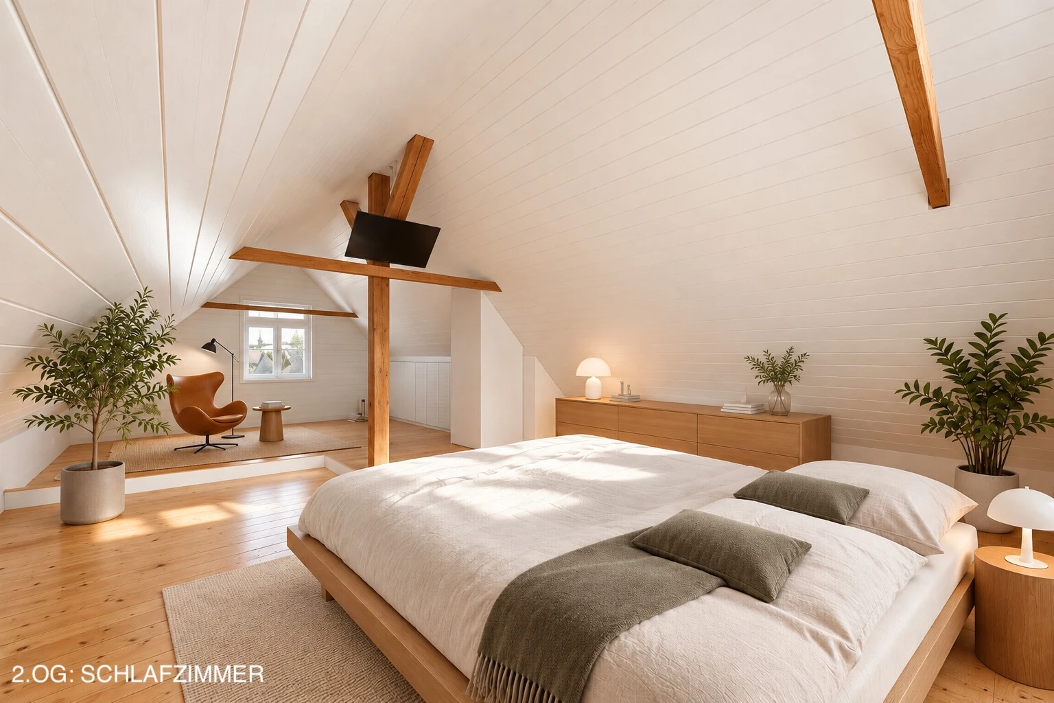 zimmer / schlafzimmer mit fernseher, natürliches licht, holzfußboden, wood finish floor, und zusätzliches zimmer
