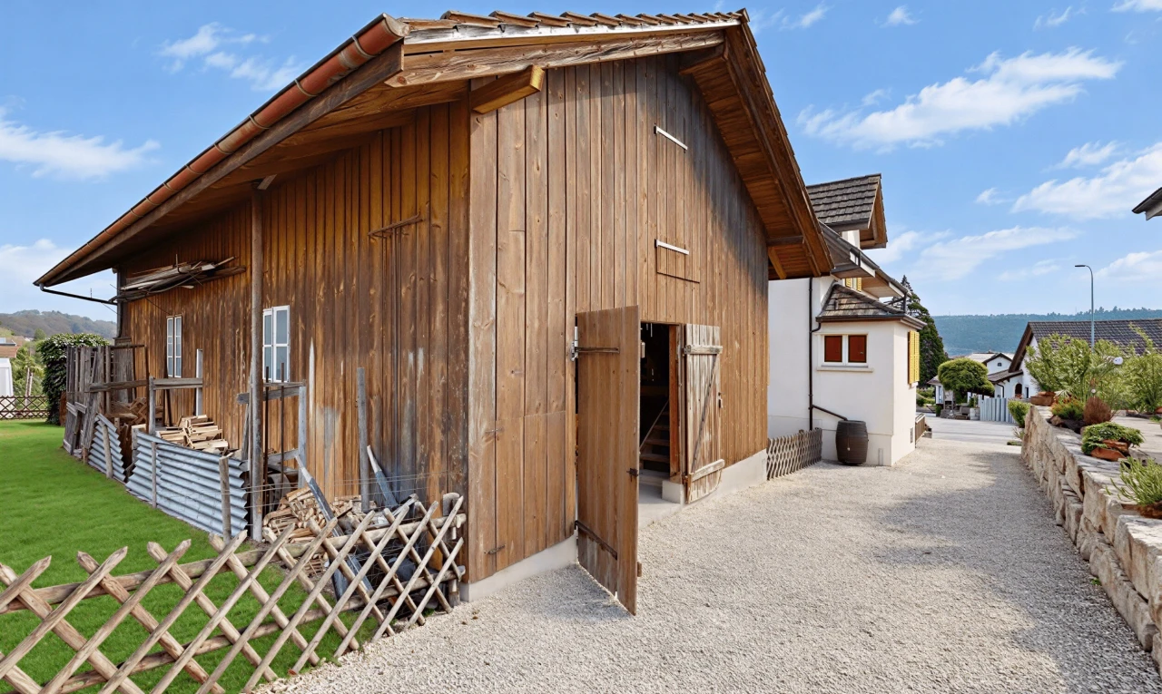 außenansicht mit holzverkleidung, vertikale verkleidung, property visible, day time, und from property