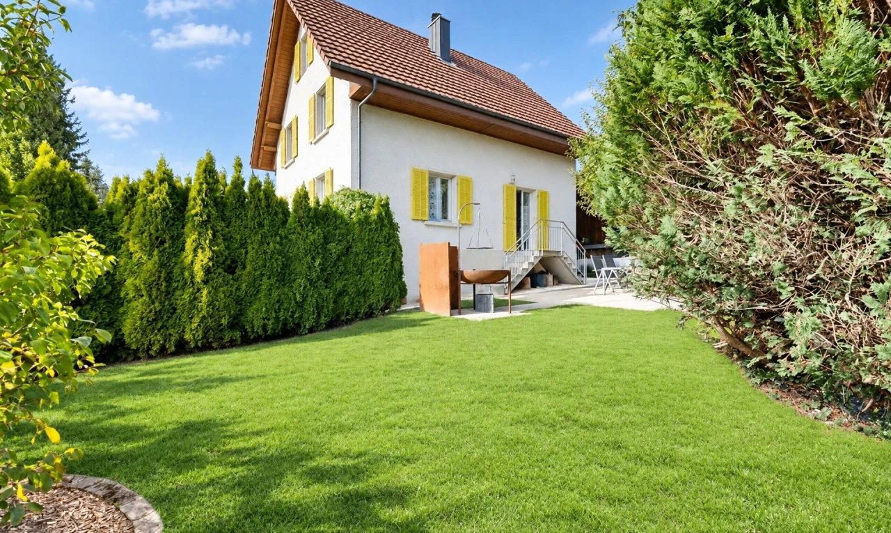 garten mit rasen, from property, terrasse, property visible, und day time