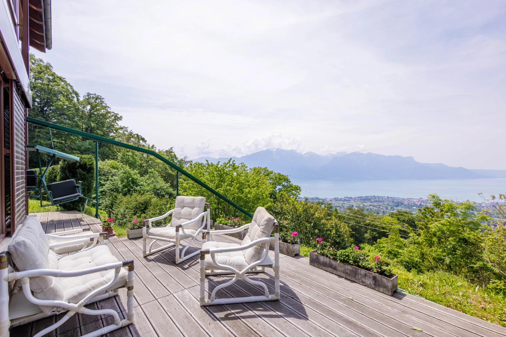 wooden terrace with a mountain view