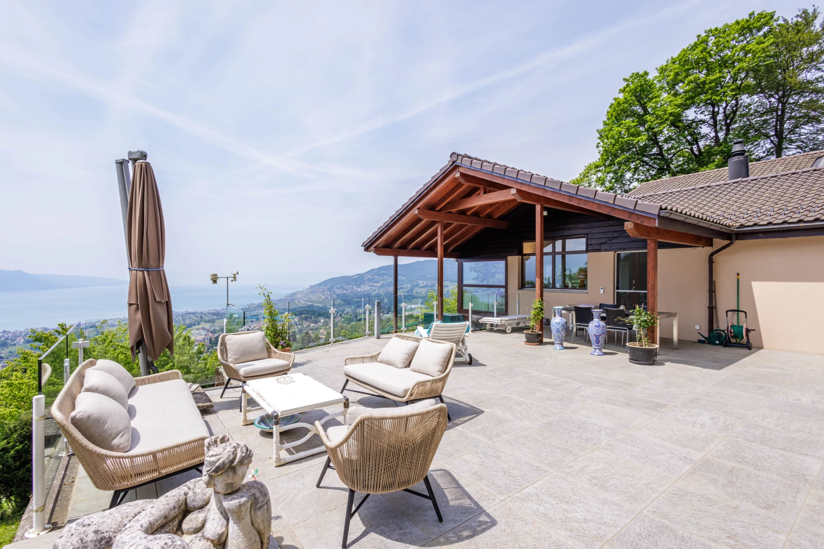 view of terrace with a mountain view