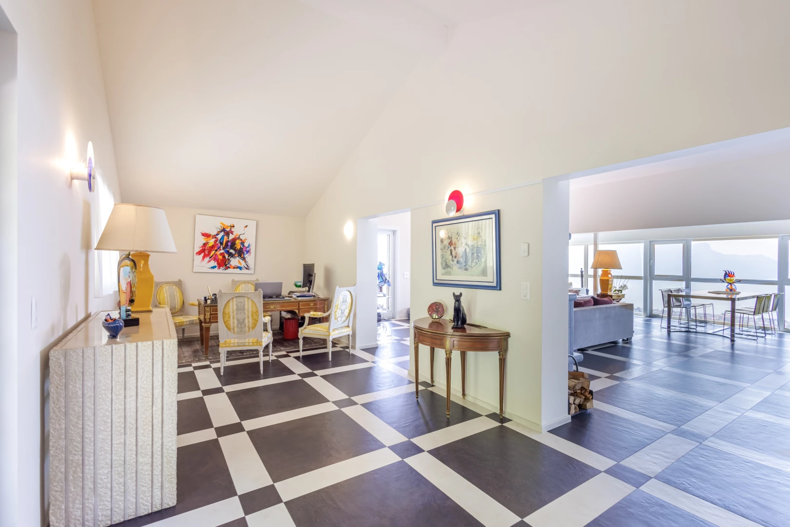 tiled office space with lofted ceiling
