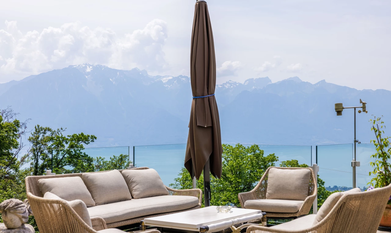 view of patio featuring a mountain view