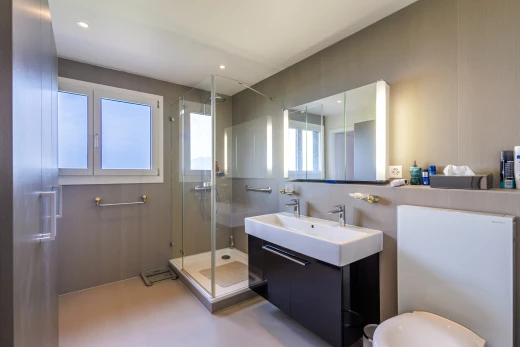 bathroom featuring a wealth of natural light, vanity with extensive cabinet space, shower with shower door, and mirror